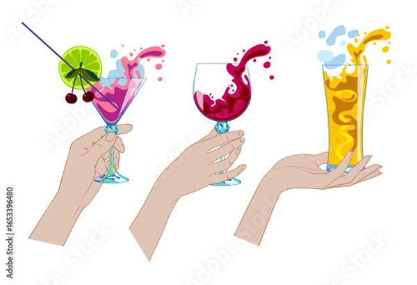 Fototapeta Set of female hands with transparent glasses with colorful various spilling drinks isolated on white. Vector illustration in flat style