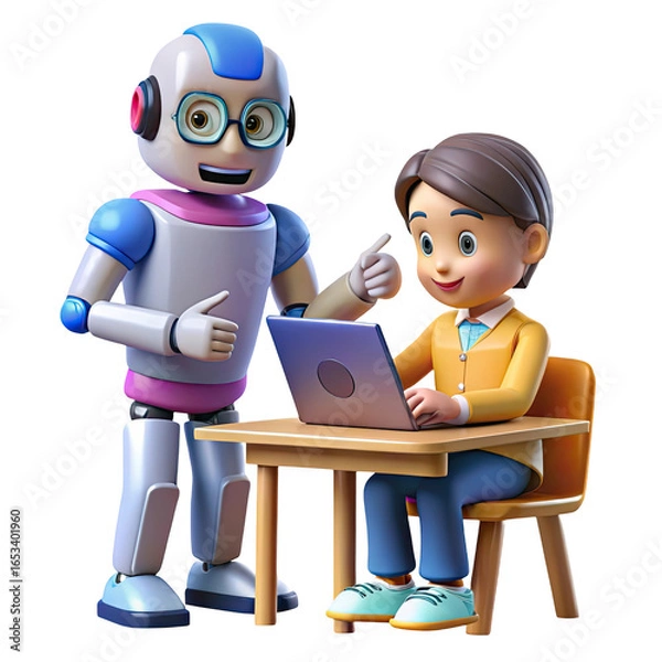 Obraz Friendly robot teaching a child using a laptop isolated on transparent background