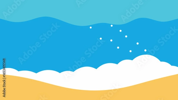 Fototapeta Simple cartoon beach scene with blue ocean waves and yellow sand abstract transparency background