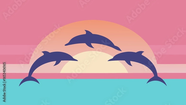 Fototapeta Three Silhouettes of Dolphins Leaping Out of the Water Against a Pastel Sunset Sky jumping ocean transparency background
