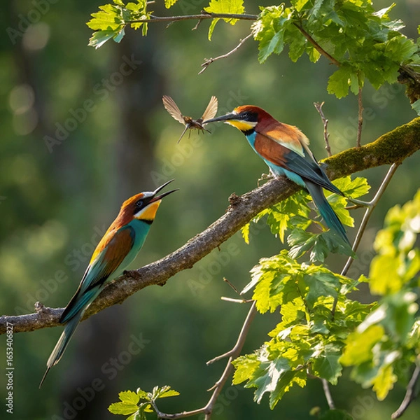 Fototapeta bee eaters with multicolored feathers sitting on t