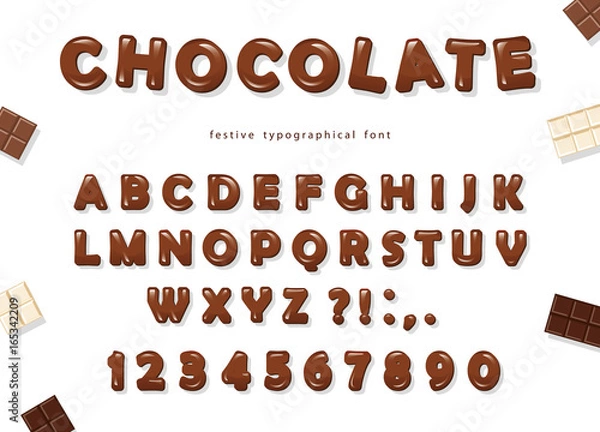 Fototapeta Chocolate font design. Sweet glossy ABC letters and numbers.