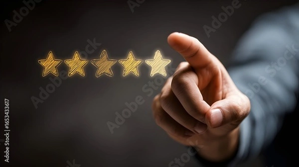 Fototapeta Hand pointing to five star review rating, customer gives positive feedback