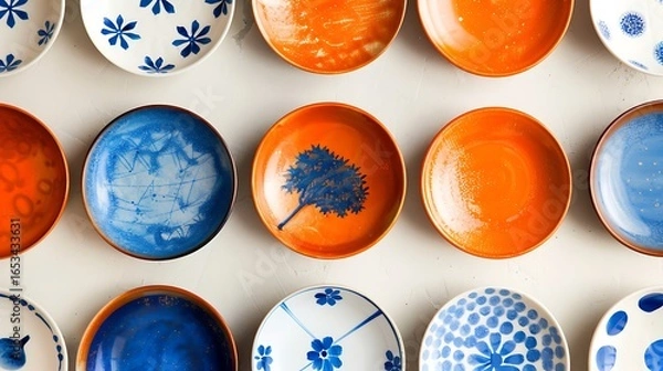 Fototapeta Collection of decorative ceramic plates with blue and orange patterns