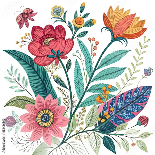 Fototapeta Vibrant Hand-Drawn Botanical Illustration PNG – Colorful Nature-Inspired Floral Elements on Transparent Background