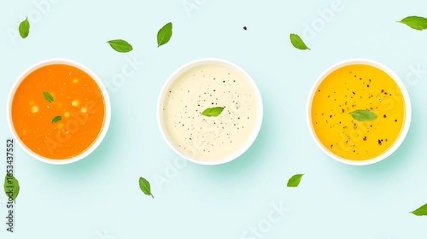 Fototapeta Three bowls of colorful dips and sauces with fresh basil leaves
