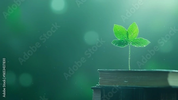 Fototapeta Green sprout growing from an open book symbolizing knowledge and nature