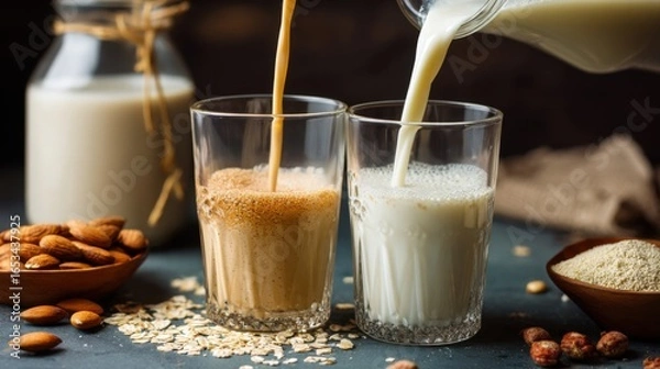 Obraz Plant-Based Milk Alternatives: Pouring Dairy-Free Beverages