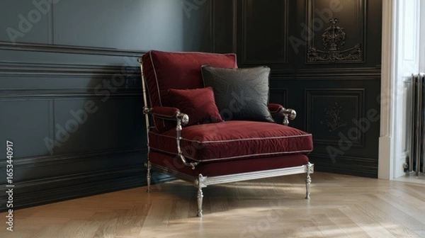 Fototapeta Elegant vintage armchair with plush red upholstery and decorative silver frame, set against a dark wall in an upscale interior design space with wooden flooring.