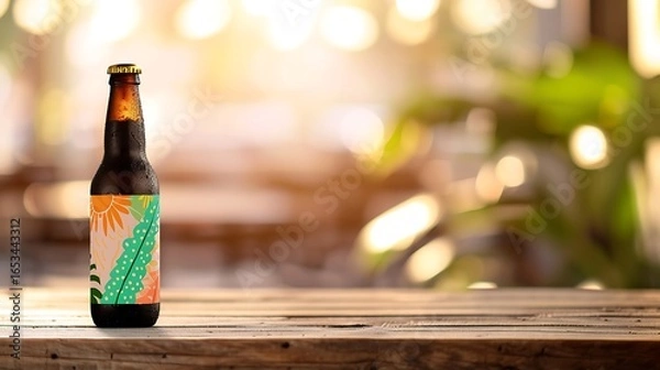 Fototapeta Craft beer bottle on wooden table with bokeh background