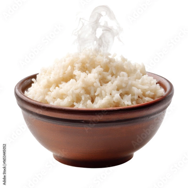 Fototapeta Steaming bowl of white rice in clay dish, perfect for meals. fluffy texture and warm steam create comforting atmosphere