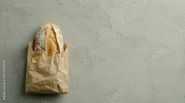 Fototapeta Freshly baked baguette in a paper bag on a textured surface