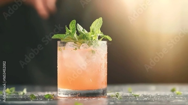 Fototapeta Refreshing pink cocktail garnished with fresh mint leaves