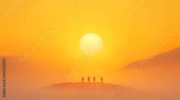 Fototapeta Silhouetted figures stand on a hill against a vibrant pixelated sunset