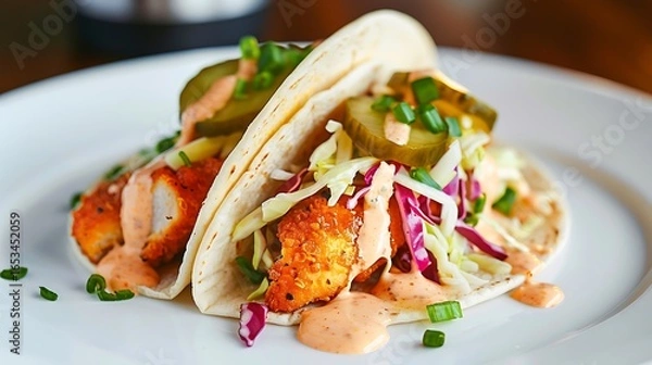 Fototapeta Delicious lobster tacos with creamy sauce and fresh toppings