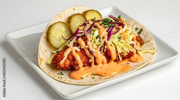 Fototapeta Delicious crispy chicken taco with creamy sauce and fresh toppings