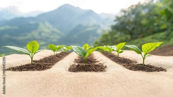 Fototapeta Young plants growing in rows with mountains in the background
