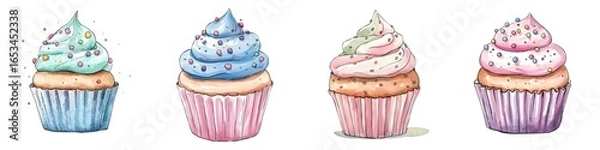 Obraz Four colorful cupcakes with pastel frosting and sprinkles are arranged in a row against a white background.