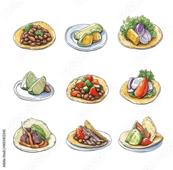 Fototapeta Illustration of nine different tacos with various toppings on white plates, arranged in a grid.