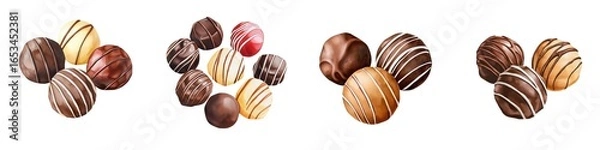 Obraz A variety of chocolate truffles with decorative drizzles are arranged in small groups on a white background.