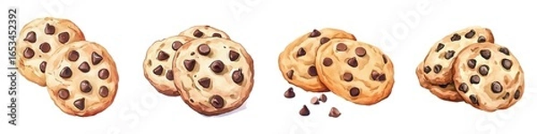 Fototapeta Three groups of chocolate chip cookies are arranged in a row with some scattered chocolate chips.