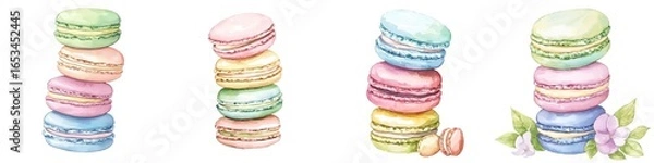 Fototapeta Four watercolor stacks of colorful macarons, each with unique pastel shades, some adorned with flowers and leaves, on a white background.