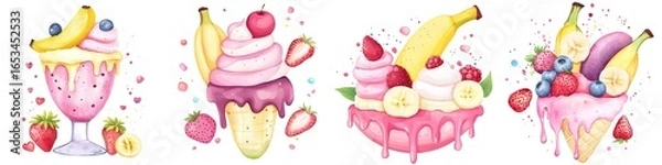 Fototapeta Colorful banana split desserts topped with whipped cream, berries, and cherries, illustrated in a fun, artistic style.