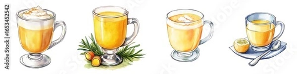 Fototapeta Four illustrated hot drinks in clear glass mugs, each with unique garnishes, arranged in a row.