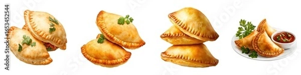 Fototapeta Golden, baked empanadas arranged in stacks, garnished with herbs, and served with a side of dipping sauce.