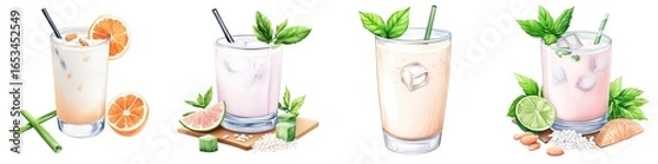 Fototapeta Four refreshing illustrated drinks with ice, garnished with citrus, mint, and tropical fruit slices, each in a clear glass with a straw.