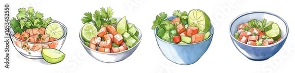 Fototapeta Illustration of four bowls of ceviche garnished with lime and cilantro, showcasing fresh ingredients in a colorful, appetizing presentation.