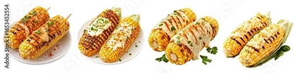 Fototapeta Four plates of grilled corn on the cob, each garnished with different herbs, cheeses, and sauces.