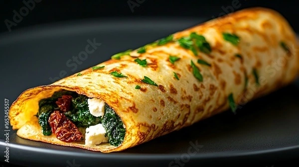 Fototapeta Savory crepe filled with spinach feta and sun dried tomatoes