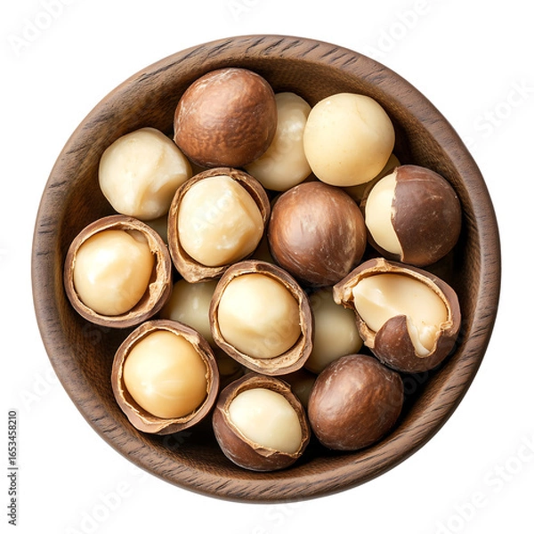 Fototapeta Roasted Macadamia Nuts in Wooden Bowl, Top View, Food Photography,autumn,nature