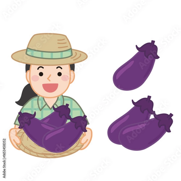 Obraz なすを持った麦わら帽子を被った女性