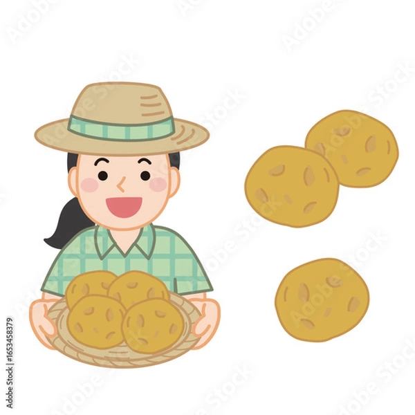 Obraz じゃがいもを持った麦わら帽子を被った女性