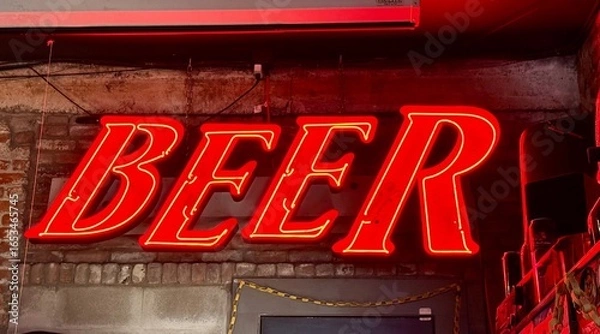 Fototapeta Bright red neon beer sign is displayed at a neighborhood bar 
