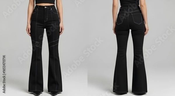 Fototapeta Front and back view of a woman wearing black flared jeans and a matching top, standing against a neutral background.