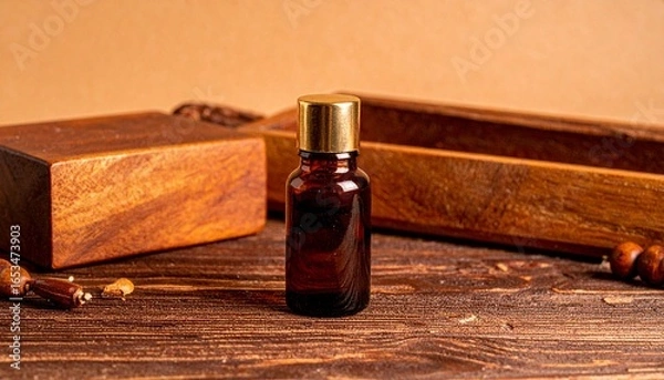 Fototapeta A sleek sandalwood essential oil bottle sits centrally on a wooden surface, its smooth, dark surface contrasting with the warm, golden lighting that bathes the scene. Surrounding the bottle are variou