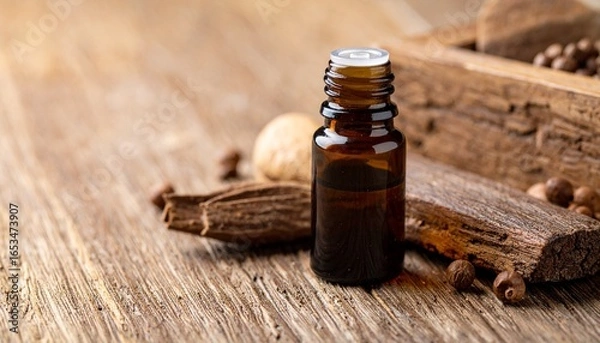 Fototapeta A sleek sandalwood essential oil bottle sits centrally on a wooden surface, its smooth, dark surface contrasting with the warm, golden lighting that bathes the scene. Surrounding the bottle are variou