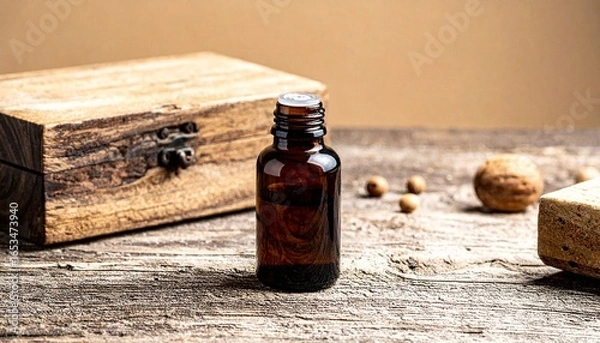 Fototapeta A sleek sandalwood essential oil bottle sits centrally on a wooden surface, its smooth, dark surface contrasting with the warm, golden lighting that bathes the scene. Surrounding the bottle are variou