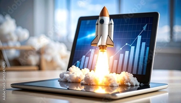 Obraz Rocket launching from a tablet, business graph