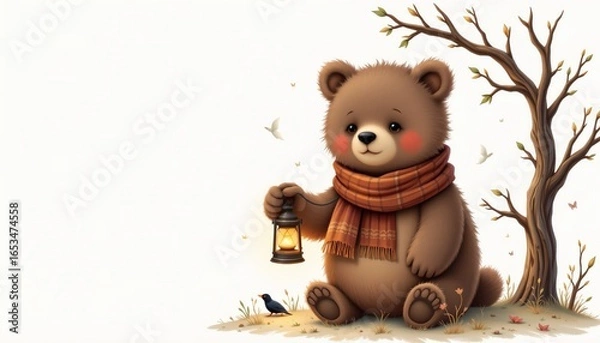 Obraz a storybook art of a brown bear with scarf holding a lantern in subdued neutrals, isolated on a white background with plenty of negative space.