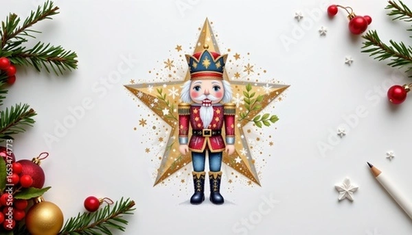 Obraz a nutcracker painting a star painted as a playful art using frosty silver and gold, centered on a white background leaving ample space around.