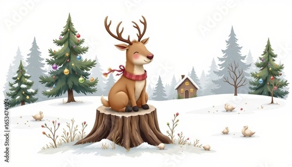 Obraz whimsical illustration depicting a reindeer with bells sitting on a stump with muted earth colors palette on a clean white background, subject not filling the frame.