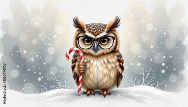 Fototapeta a owl wearing glasses holding a candy cane painted as a soft watercolor using soft winter palette, centered on a white background leaving ample space around.