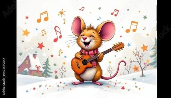 Obraz a playful art of a musical mouse singing joyfully in bright holiday colors, isolated on a white background with plenty of negative space.