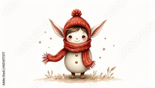 Fototapeta a frost sprite wearing a cozy scarf painted as a whimsical illustration using warm browns and reds, centered on a white background leaving ample space around.