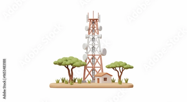 Obraz 3D Rendered Communication Tower with Antennas and Supporting Structure.