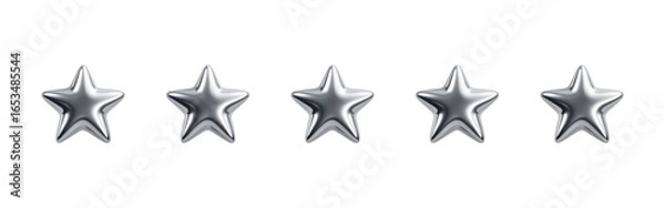 Fototapeta Glossy 3D Render Silver Star Rating Set. Five Metallic Feedback Stars Isolated on Transparent Background. Ranking and Review Icon.
